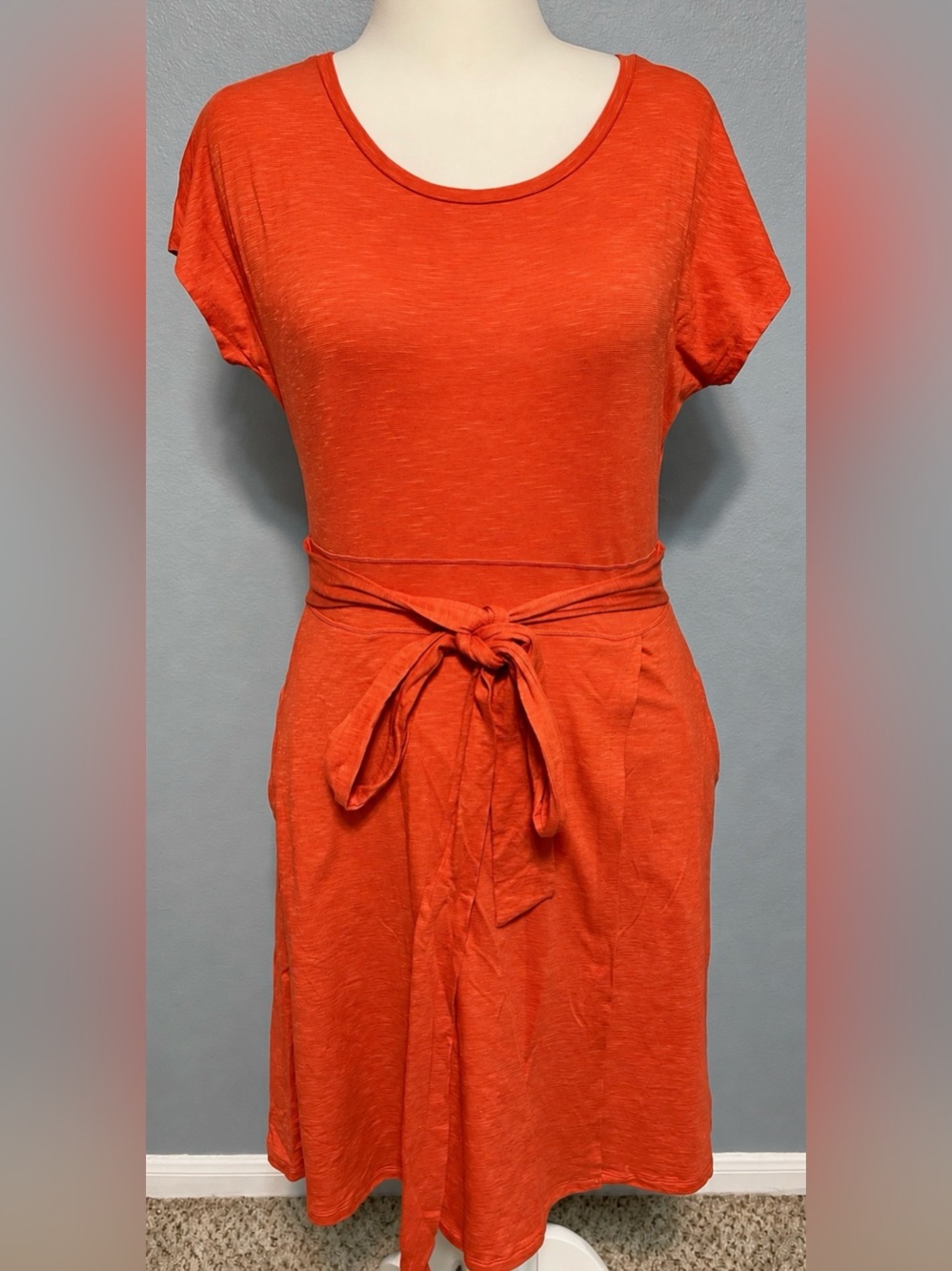 Toad&Co Orange Coral Tie Waist Dress Short Sleeve Travel Casual Knit Medium